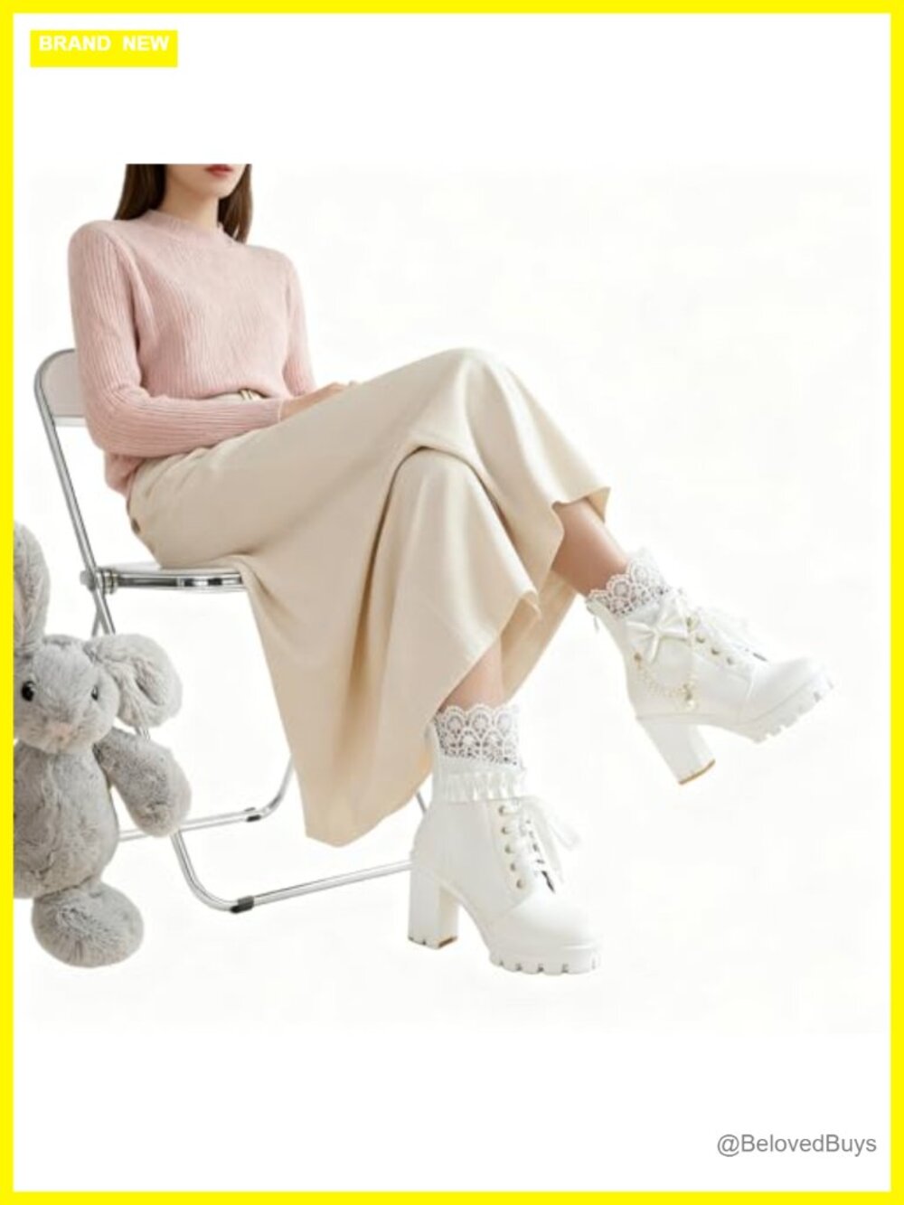 Women's Platform Ankle Boots with Lace Trim and Pearl Chain Embellishment - Picture 4 of 6